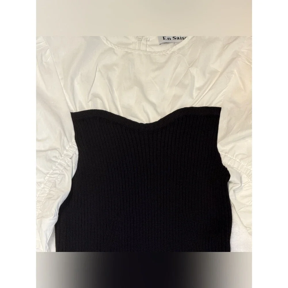 Anthropologie En Saison Women’s Black Ribbed Long Sleeved Puff Blouse Top SizeXS
